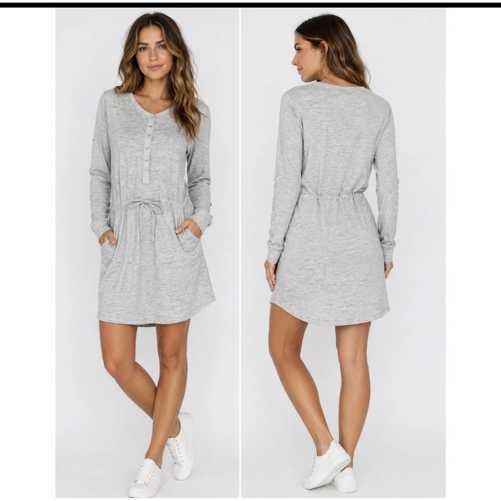 Vince Heather Gray 100% Linen Henley Roll Tab Long Sleeve Casual Dress Womens XL